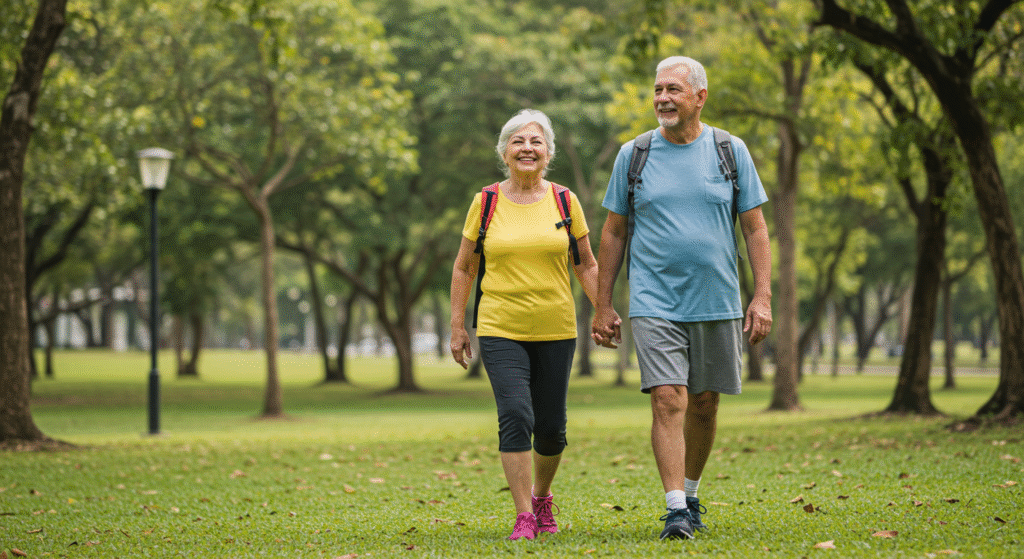 Exercícios para a terceira idade: casal caminhando