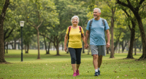 Exercícios para a terceira idade: casal caminhando