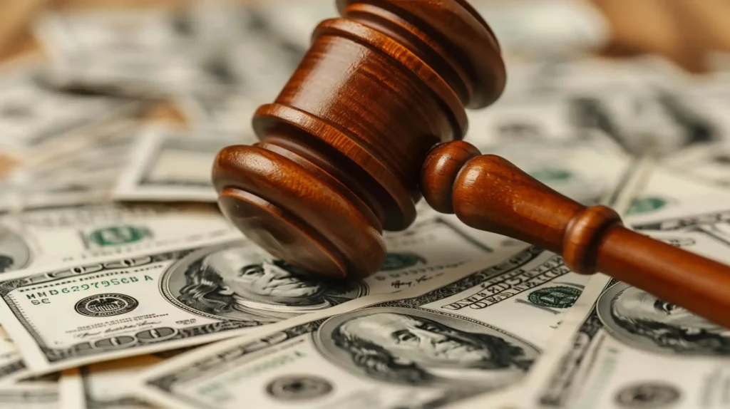 Foto de um martelo da justiça apoiado em cima de várias notas de dinheiro, representando as multas prevista em lei pela nova NR-1.