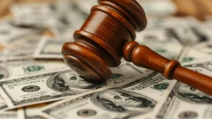 Foto de um martelo da justiça apoiado em cima de várias notas de dinheiro, representando as multas prevista em lei pela nova NR-1.