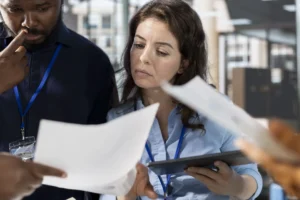 Foto de duas pessoas de gênero e etnia diferentes analisando a avaliação de riscos psicossociais, prevista pela NR-1, em uma empresa.