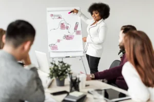 Foto de uma colaboradora do RH apresentando estratégias à sua equipe para promover o bem-estar corporativo na empresa.